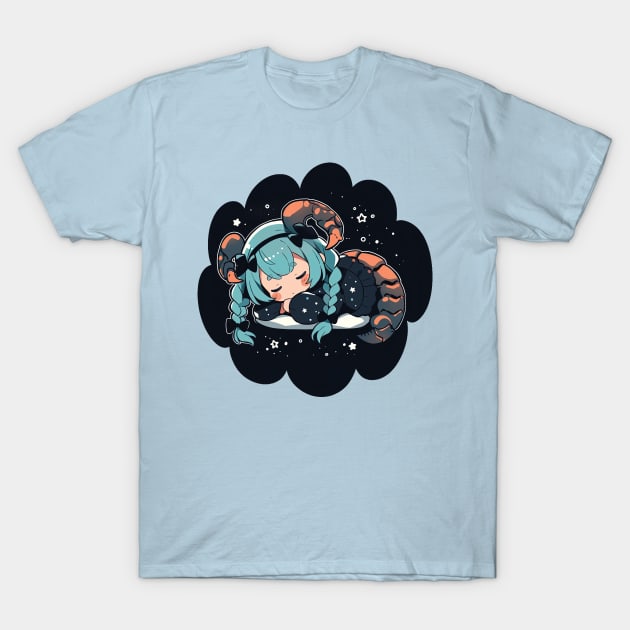 Adorable Anime Chibi Scorpio Zodiac Sleeping Little Astro Girl T-Shirt by The Little Store Of Magic